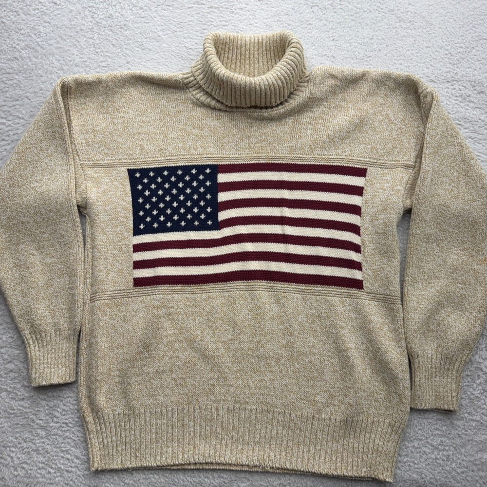 American Creations Mens Beige American Flag Turtleneck Cotton Sweater 4th M USA